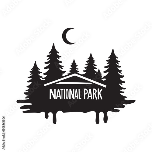 National Park Icon with Dripping Paint Stencil, Black and White