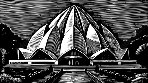 Lotus Temple black and white isolated hand drawn sketch vector