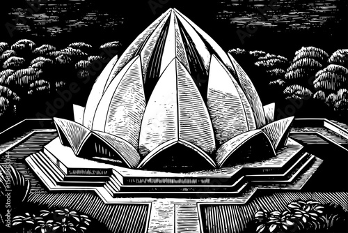 Lotus Temple black and white isolated hand drawn sketch vector