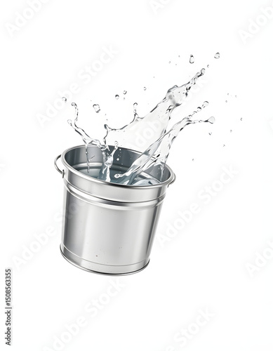 Shiny metal bucket soaring with cascading water droplets against a crisp white backdrop, pop art. with white shades