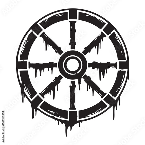 Distressed medicine wheel icon with paint drips vector design