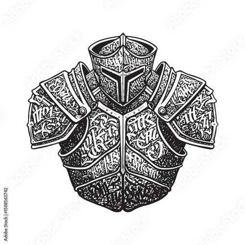 Black and white vector armor illustration with graffiti style ta
