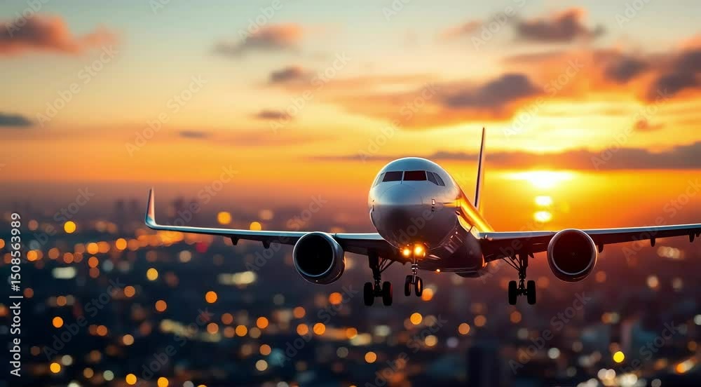 Airplane landing sunset cityscape flight travel