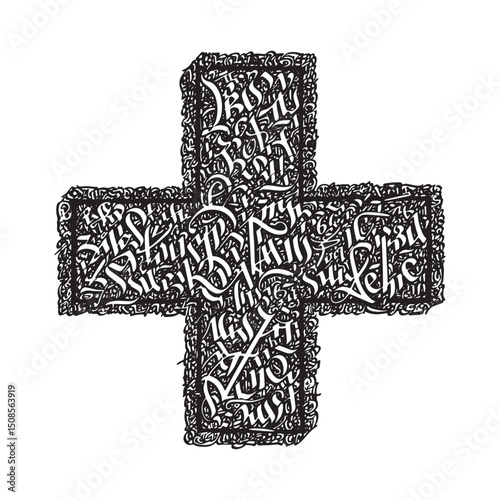 Intricate Black and White Vector Design of Red Cross Symbol with
