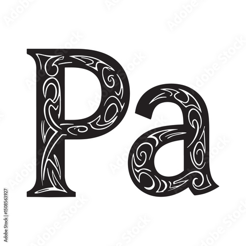 Pascal Pa monogram icon, black and white tribal tattoo style des