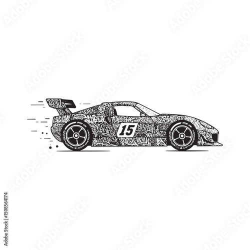 Detailed Race Car Illustration with Graffiti Style Markings and