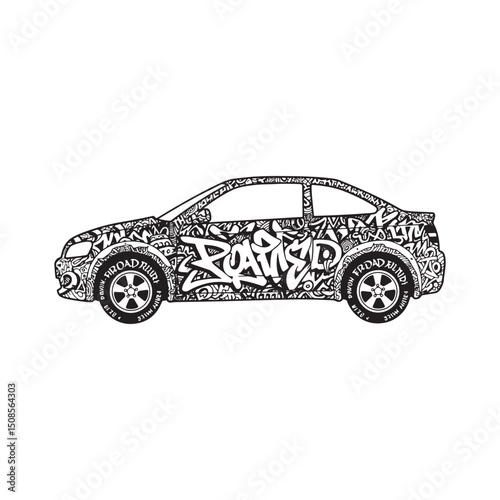 Black and White Vector Image of a Car Covered in Graffiti Tags f
