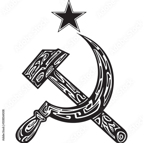 Stylized depiction of hammer, sickle and red star icon for merch