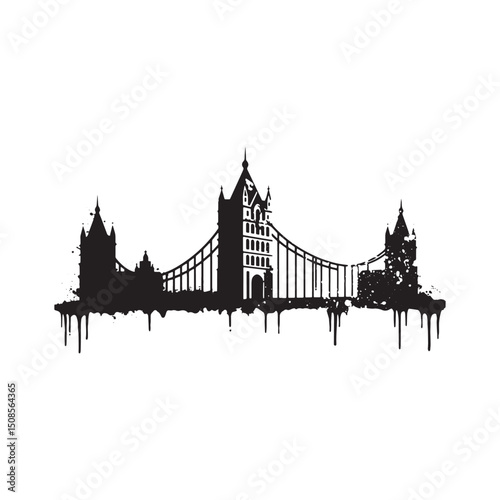 Tower Bridge London Black and White Dripping Paint Stencil Illus