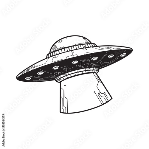 Cyberpunk Roswell UFO Icon Black and White Vector Apparel Print