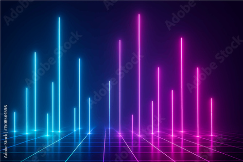3d render, abstract futuristic neon background with glowing ascending lines. Fantastic wallpaper.