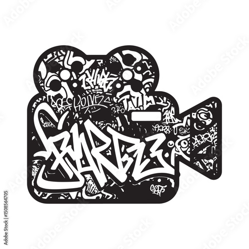 Vintage Film Camera with Graffiti Art, Black and White Vector De