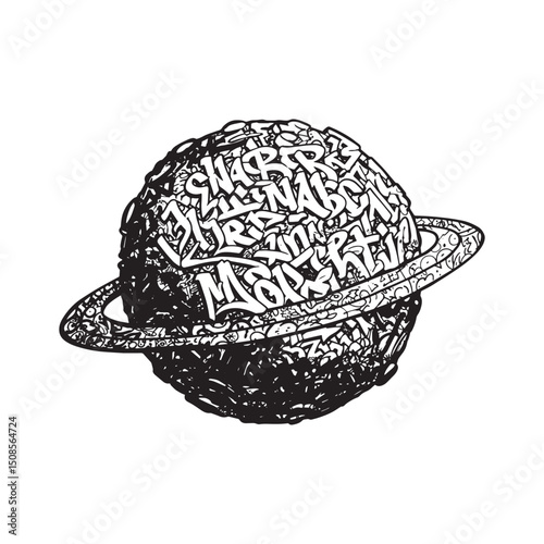 Graffiti Infused Planet Illustration Black and White Vector for