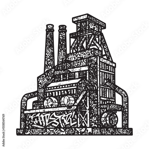 Graffiti Infused Steel Mill Icon for Merchandise Apparel Prints