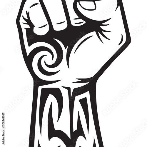 Tribal Tattoo Style Labor Union Fist Icon Black and White Vector
