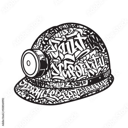 Monochrome mining helmet illustration covered in dynamic graffit