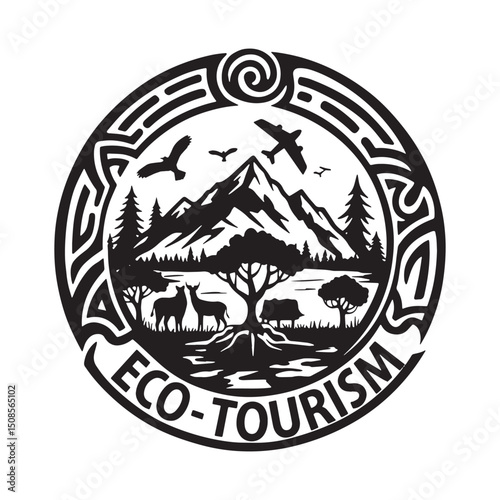 Eco Tourism Emblem with Tribal Tattoo Style, Vector Design for A