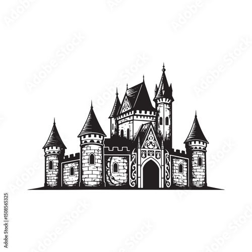 Majestic castle icon with tribal tattoo style, perfect for merch