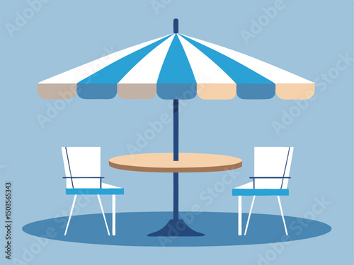 Outdoor Cafe Table and Chairs Under an Umbrella Illustration
