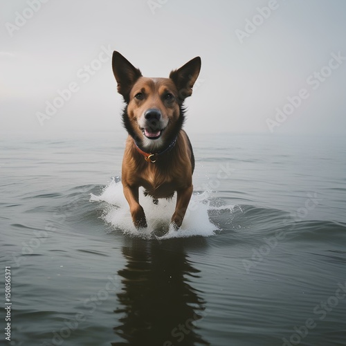 Playful brown dog with erect ears running through calm water with a joyful expression, against a misty sky background