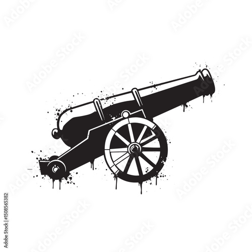 Cannon Icon with Stencil Dripping Paint, Black and White Vector