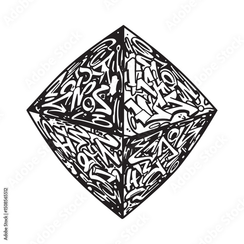 Stylized Tetrahedron Icon with Graffiti Accents for Modern Appar
