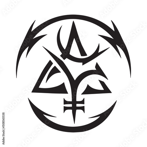 Wiccan Symbol with Tribal Tattoo Style, Black and White Vector D