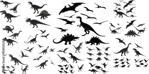 Numerous black silhouettes of dinosaurs and pterosaurs