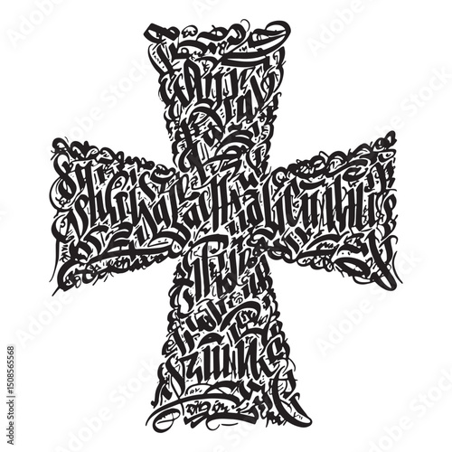 Intricate typographic cross illustration, black and white detail