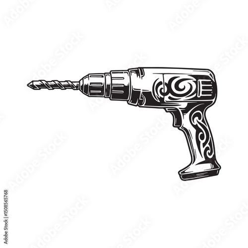 Drill vector icon with tribal tattoo style, black and white, per