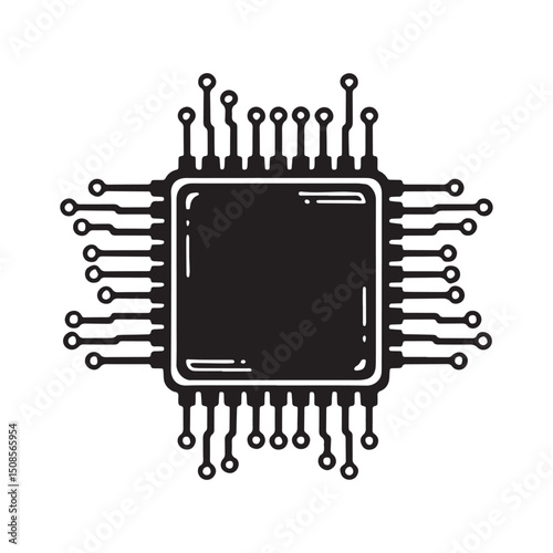 Monochrome Cyberpunk AI Brain Chip Vector Icon for Merchandise A