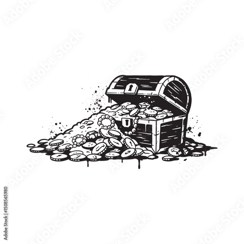 Monochrome vector illustration of a treasure chest with stencil