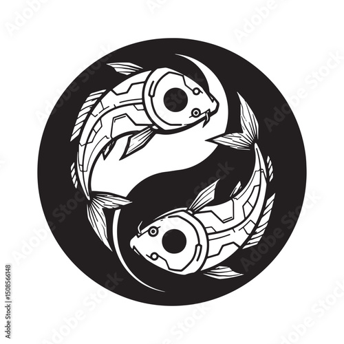 Cyberpunk Yin Yang Koi Fish, A Balance of Technology and Traditi