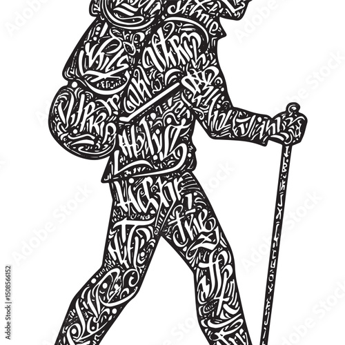 Conceptual traveler illustration, black and white typography hik