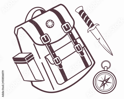Vintage Camping Essentials Backpack Compass and Knife Line Art Illustration