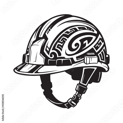 Safety Helmet Tribal Tattoo Style Black and White Vector Icon fo