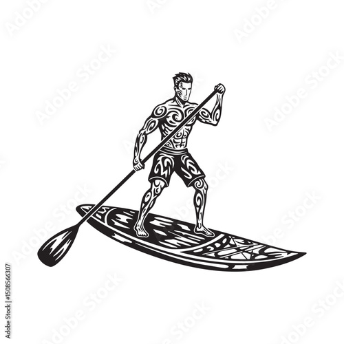 Monochrome illustration of muscular man paddleboarding with trib