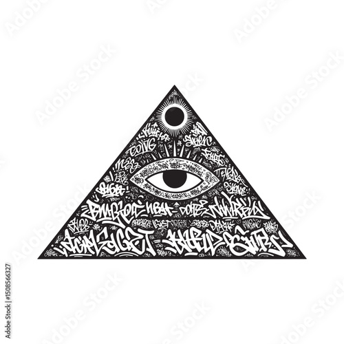 Stylized Pyramid Illustration with Eye Icon Covered in Graffiti