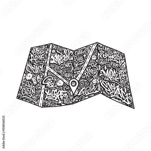 Unique road map icon with graffiti art, black and white vector d