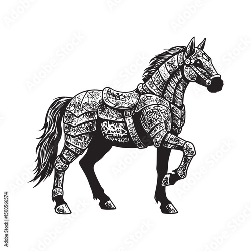 Stylized Armored Horse Vector Illustration with Graffiti Accents