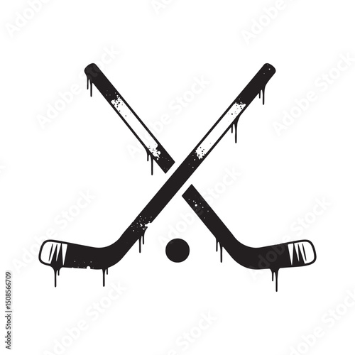 Edgy Hockey Sticks and Puck Graphic with Dripping Paint Effect