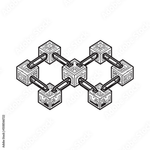 Cyberpunk Blockchain Interconnected Cubes Network in Black and W