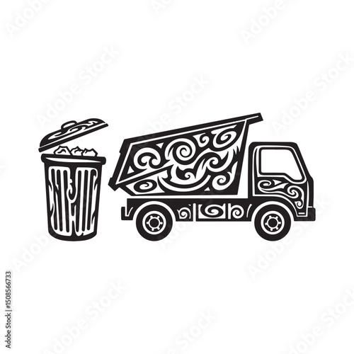 Tribal Tattoo Style Waste Collection Truck and Trash Can Illustr