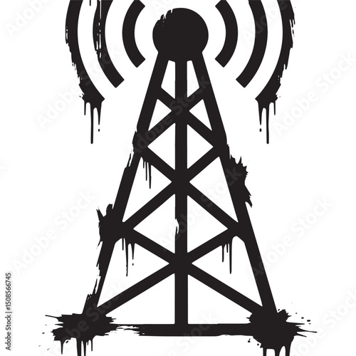 Grunge Style Radio Communication Tower Vector Illustration on Wh