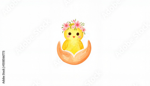 Cute chick hatching from egg with flower crown in pastel colors  