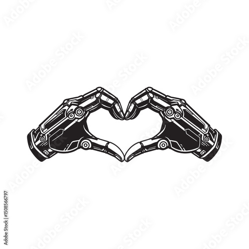 Cyberpunk robotic hands forming heart shape for merchandise desi