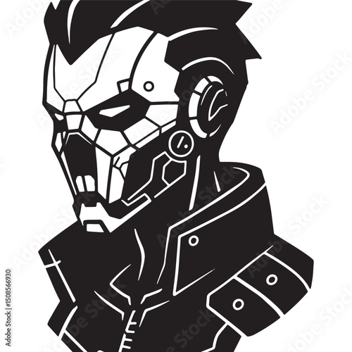 Monochrome Cyberpunk Character Vector Art for Merchandise and Ap