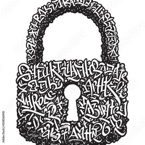 Lock Graffiti Art, A Black and White Vector Illustration for Mer