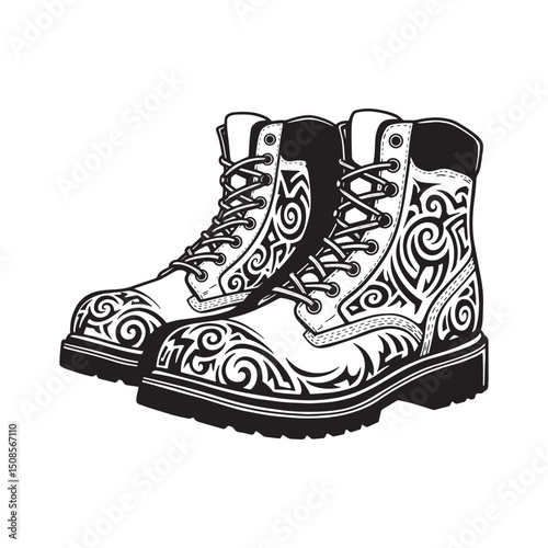Stylized work boots vector art with tribal tattoo influence desi