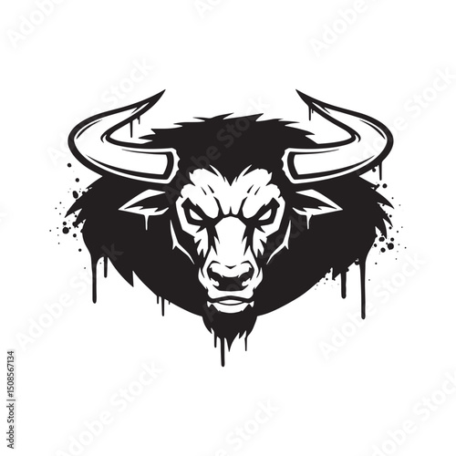 Ferocious Minotaur Icon with Dripping Paint, Black and White Vec